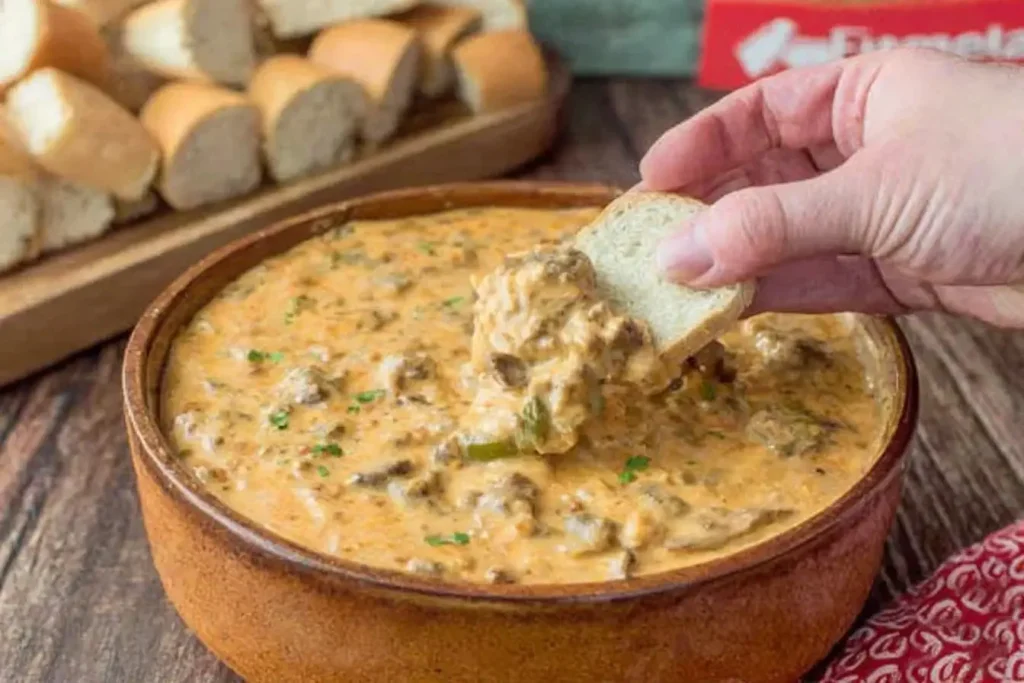 Dipping bread into creamy Slow Cooker Philly Cheesesteak Dip.