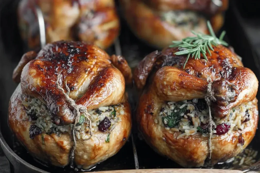 Cornish Hens with Apple-Cranberry Rice Stuffing roasted to golden perfection and tied with twine, filled with savory rice, apples, and cranberries.