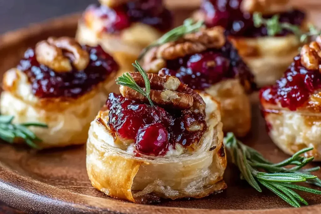Close-up of Baked Cranberry Brie Bites topped with cranberry sauce, pecans, and rosemary on a wooden platter.