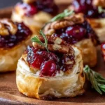 Close-up of Baked Cranberry Brie Bites topped with cranberry sauce, pecans, and rosemary on a wooden platter.