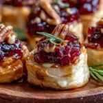 Baked Cranberry Brie Bites with cranberry sauce, pecans, and rosemary garnish on a wooden serving platter.