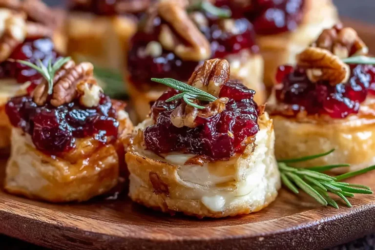 Baked Cranberry Brie Bites with cranberry sauce, pecans, and rosemary garnish on a wooden serving platter.