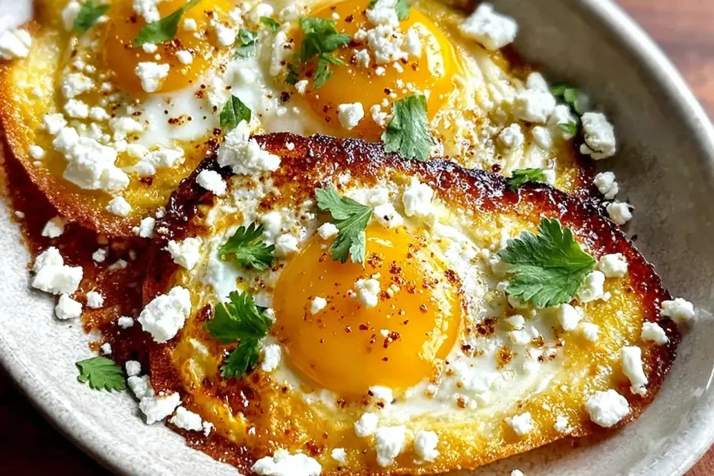 Crispy Feta Fried Eggs with golden yolks, crumbled feta cheese, and fresh cilantro on a white plate.
