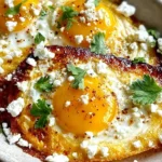 Crispy Feta Fried Eggs with golden yolks, crumbled feta cheese, and fresh cilantro on a white plate.