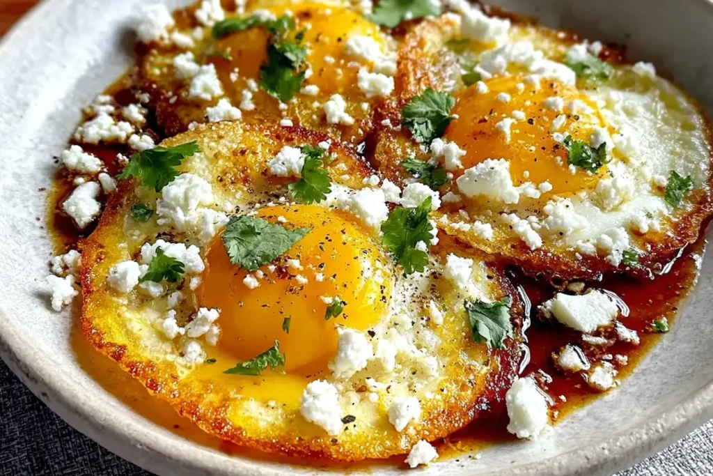 Crispy Feta Fried Eggs with golden yolks, crumbled feta cheese, and fresh cilantro on a rustic plate.