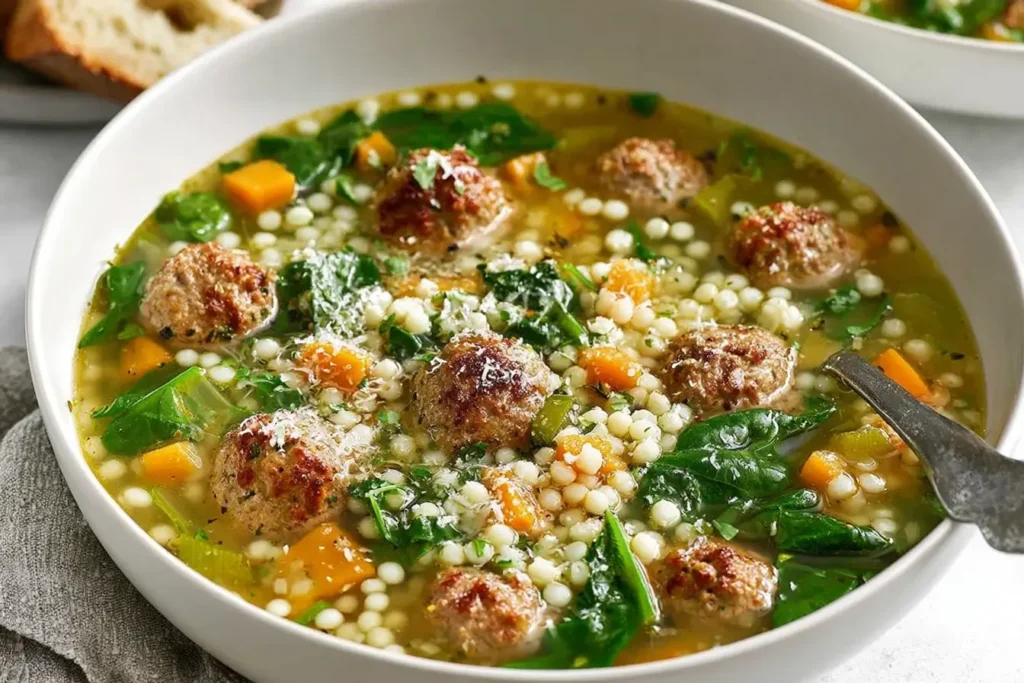 Close-up bowl of Italian Wedding Soup with browned meatballs, spinach, acini de pepe pasta, and colorful vegetables in a rich broth.