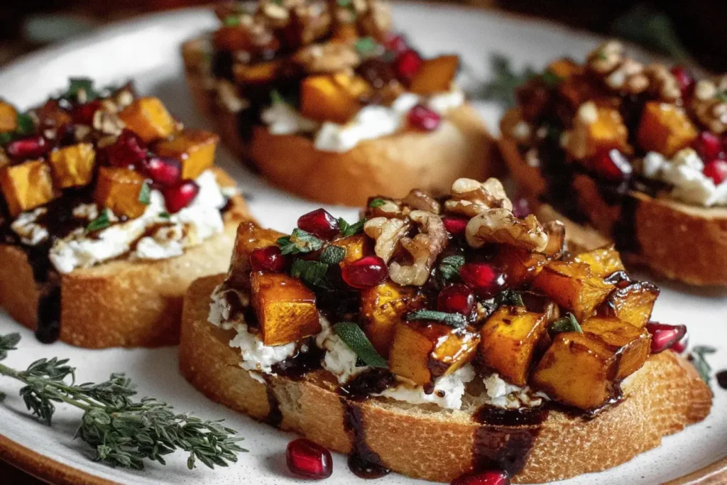 Fall Bruschetta topped with roasted butternut squash, goat cheese, pomegranate seeds, and balsamic glaze on toasted ciabatta bread.