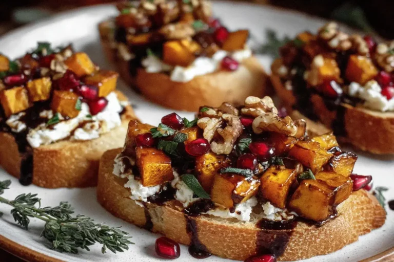 Fall Bruschetta topped with roasted butternut squash, goat cheese, pomegranate seeds, and balsamic glaze on toasted ciabatta bread.