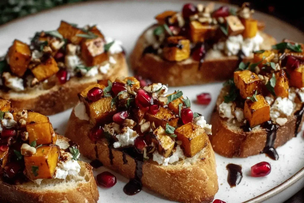 Fall Bruschetta with roasted butternut squash, goat cheese, pomegranate seeds, and balsamic glaze served on crispy ciabatta slices.