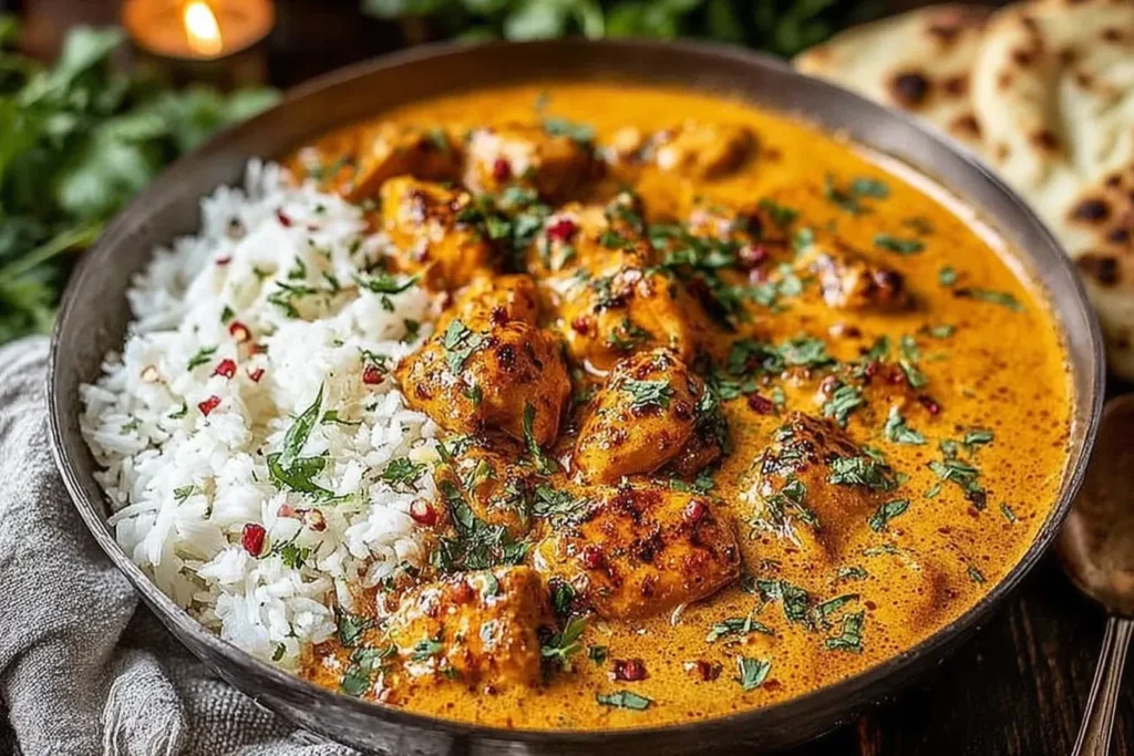 Creamy Pumpkin Butter Chicken served with basmati rice and naan bread, garnished with fresh cilantro.