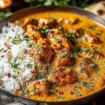 Creamy Pumpkin Butter Chicken served with basmati rice and naan bread, garnished with fresh cilantro.