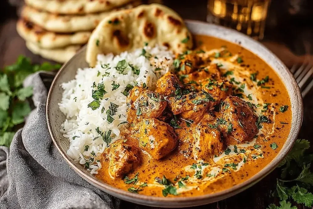Pumpkin Butter Chicken served with fluffy basmati rice and naan, topped with fresh cilantro and cream.
