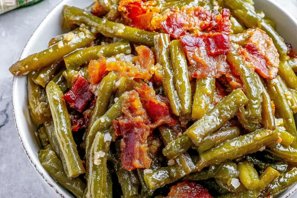 Crack Green Beans in a bowl topped with crispy bacon and garlic butter glaze.