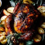 Cider Brined Roast Chicken glazed with maple and cider, surrounded by roasted apples and fresh herbs on a serving platter.