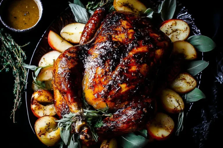 Cider Brined Roast Chicken glazed with maple and cider, surrounded by roasted apples and fresh herbs on a serving platter.