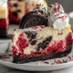 Slice of Christmas Red Velvet Cheesecake with Oreo pieces, whipped cream, and colorful sprinkles on a white plate.