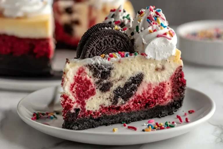 Slice of Christmas Red Velvet Cheesecake with Oreo pieces, whipped cream, and colorful sprinkles on a white plate.