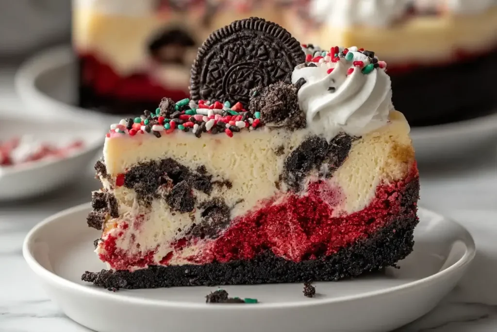 Close-up slice of Christmas Red Velvet Cheesecake topped with Oreos, whipped cream, and festive red and green sprinkles.