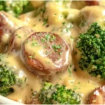 Close-up of Keto Broccoli and Cauliflower With Sausage in a creamy cheese sauce with tender veggies and browned sausage slices.