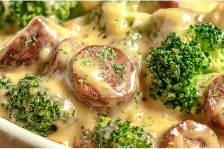 Close-up of Keto Broccoli and Cauliflower With Sausage in a creamy cheese sauce with tender veggies and browned sausage slices.