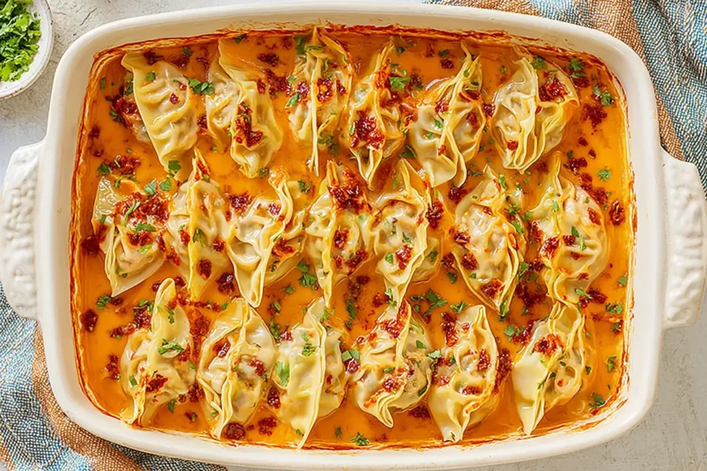 Trader Joe’s Dumpling Bake in red curry coconut sauce topped with chili crisp and cilantro in a white baking dish.