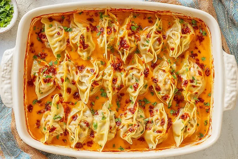 Trader Joe’s Dumpling Bake in red curry coconut sauce topped with chili crisp and cilantro in a white baking dish.