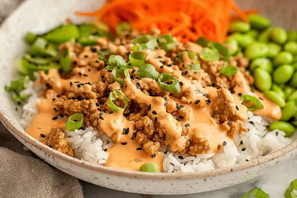 Ground Turkey Rice Bowls with seasoned turkey, rice, bang bang sauce, edamame, and fresh vegetables in a close-up view.