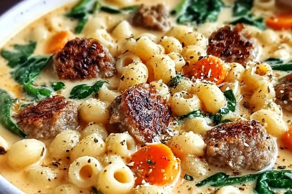 Creamy Parmesan Italian Sausage Ditalini Soup with sausage, carrots, spinach, and pasta in a creamy broth.