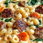 Creamy Parmesan Italian Sausage Ditalini Soup with sausage, carrots, spinach, and pasta in a creamy broth.