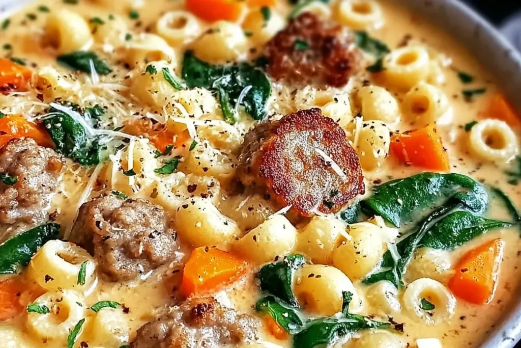 Close-up of Creamy Parmesan Italian Sausage Ditalini Soup with sausage, carrots, spinach, and pasta in a rich creamy broth, garnished with parsley and Parmesan.