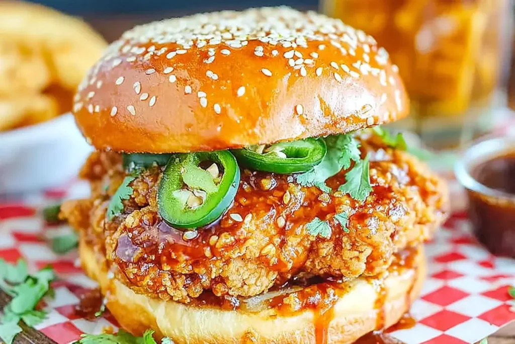 Jalapeño Honey Drenched Crispy Fried Chicken Sandwich topped with sliced jalapeños, drizzled honey glaze, and served on a toasted sesame bun.