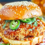 Jalapeño Honey Drenched Crispy Fried Chicken Sandwich topped with sliced jalapeños, drizzled honey glaze, and served on a toasted sesame bun.
