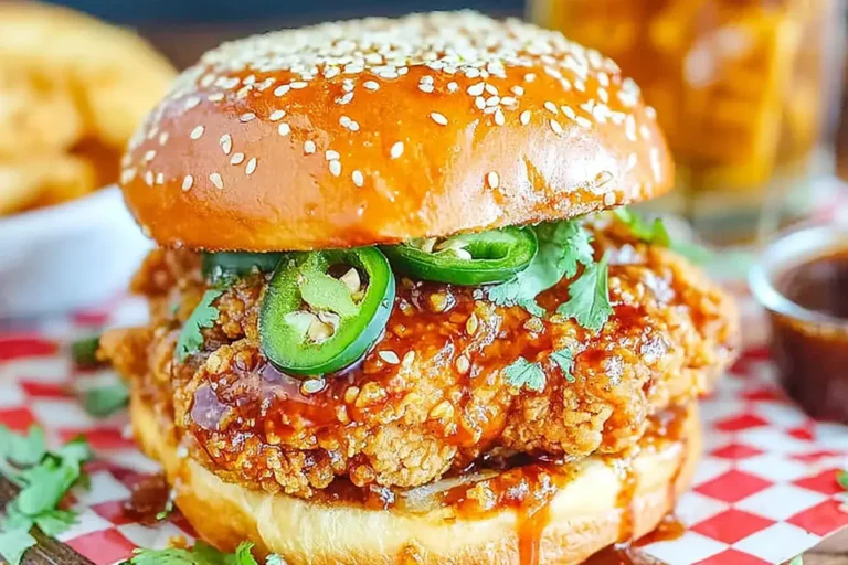 Jalapeño Honey Drenched Crispy Fried Chicken Sandwich topped with sliced jalapeños, drizzled honey glaze, and served on a toasted sesame bun.