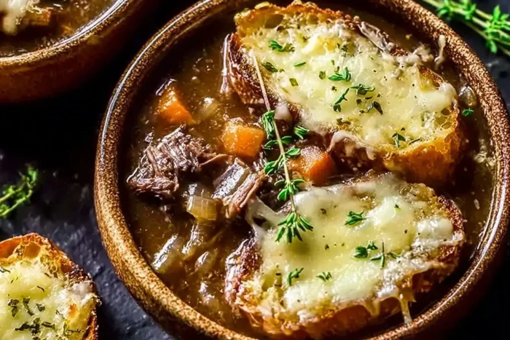 French Onion Short Rib Soup with Gruyère Toast topped with melted cheese, fresh thyme, and tender braised beef in a rustic brown bowl.