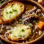 French Onion Short Rib Soup with Gruyère Toast served in a rustic bowl, topped with melted cheese and fresh thyme.