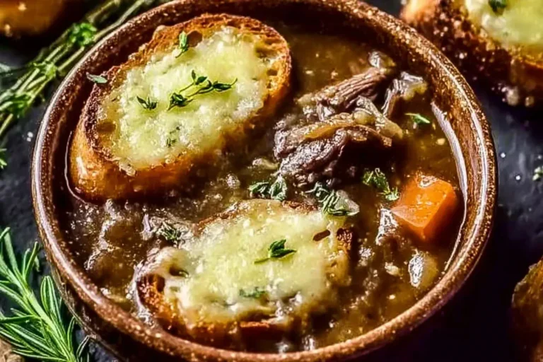 French Onion Short Rib Soup with Gruyère Toast served in a rustic bowl, topped with melted cheese and fresh thyme.