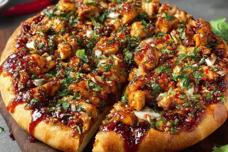 Close-up of homemade Chili Garlic Chicken Pizza topped with spicy chili sauce, melted cheese, and fresh cilantro on a golden crispy crust.