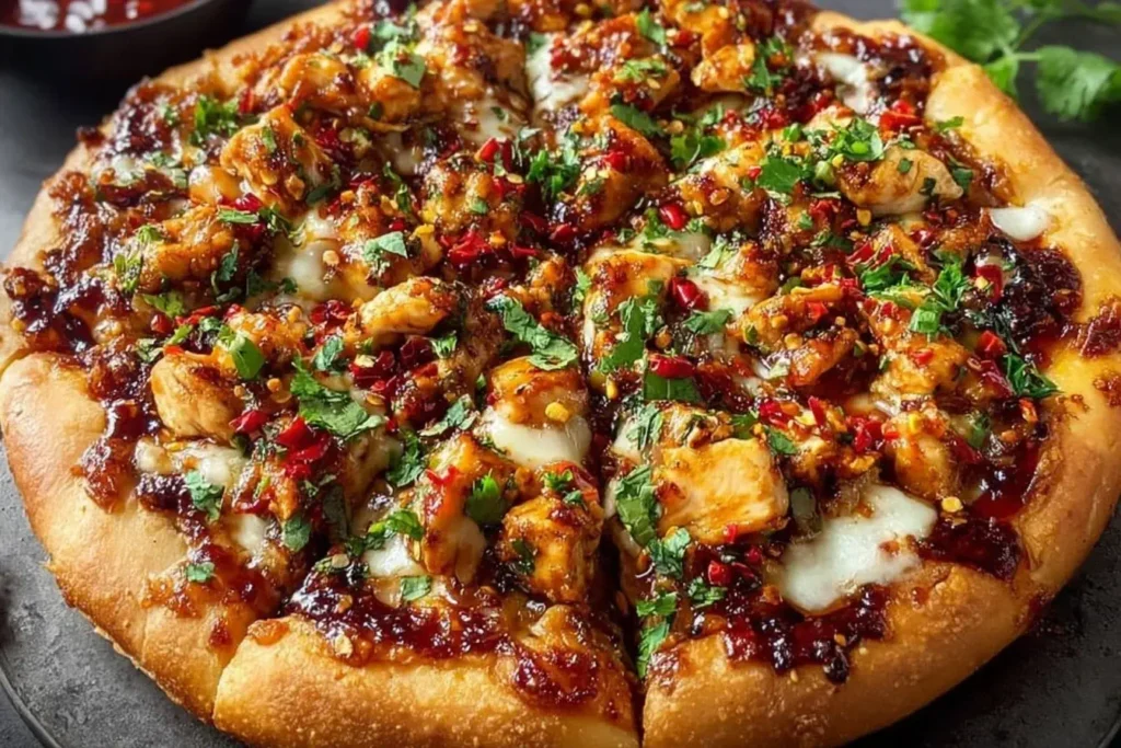 Golden-crusted Chili Garlic Chicken Pizza topped with melted cheese, spicy chili-garlic sauce, and fresh cilantro for the ultimate homemade flavor.