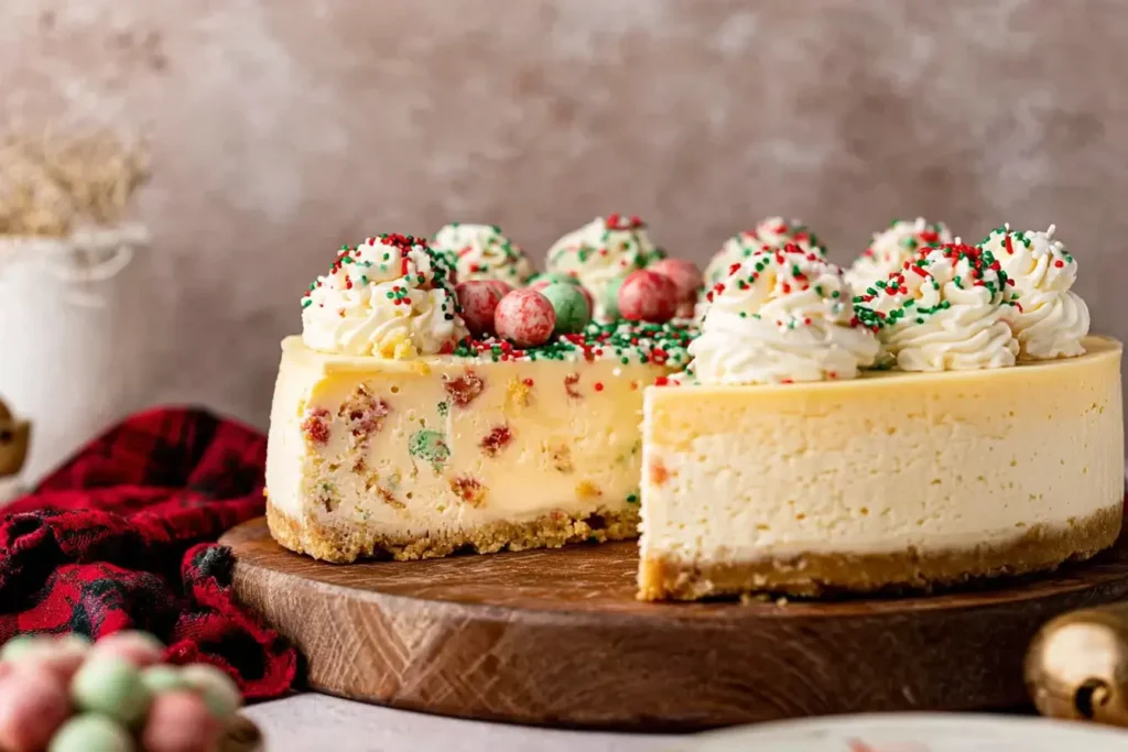 Whole Sugar Cookie Cheesecake decorated with Christmas sprinkles and whipped cream.
