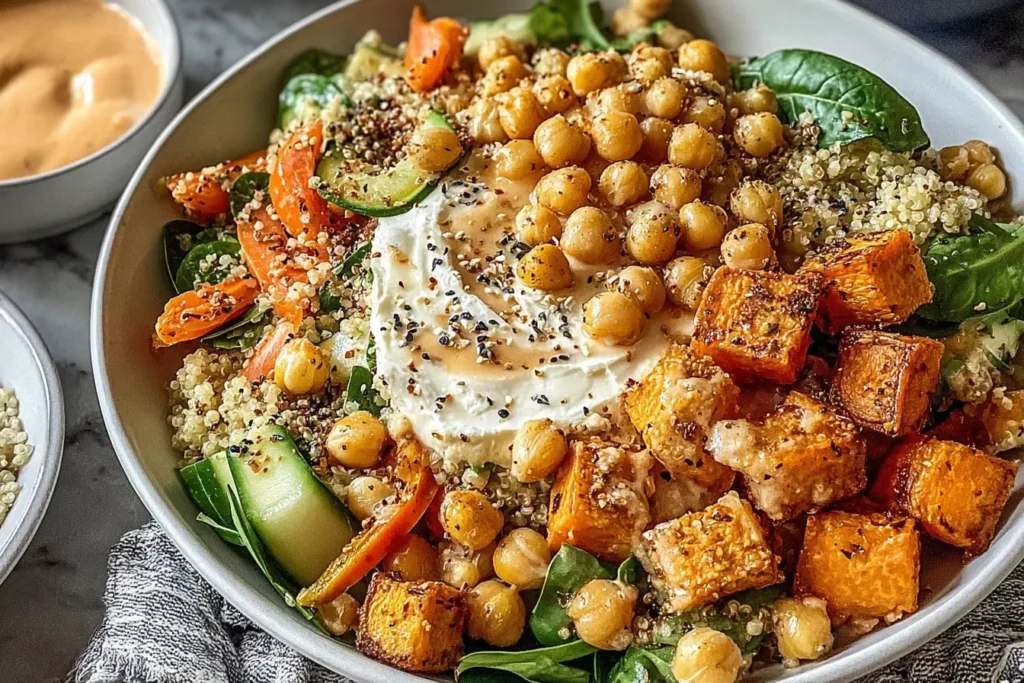 Anti-Inflammatory Glow Bowl with quinoa, roasted sweet potatoes, chickpeas, and fresh veggies.