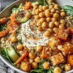 Anti-Inflammatory Glow Bowl with quinoa, roasted sweet potatoes, chickpeas, and fresh veggies.
