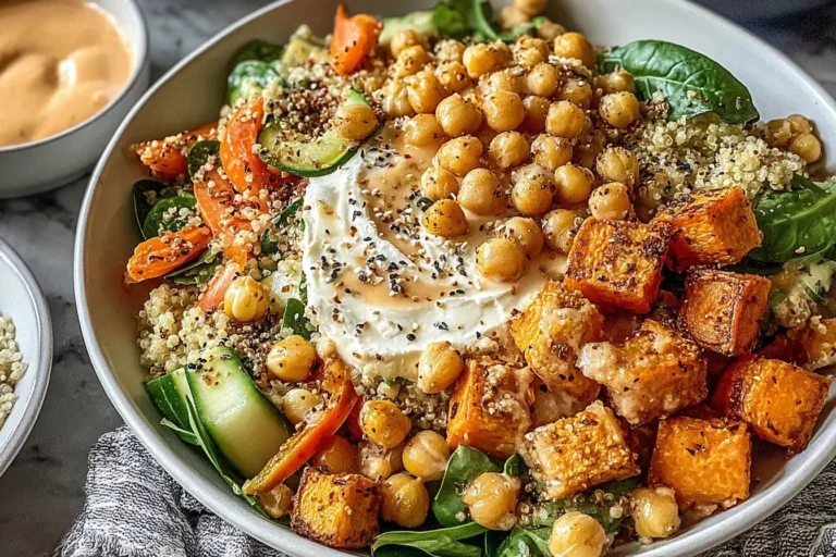 Anti-Inflammatory Glow Bowl with quinoa, roasted sweet potatoes, chickpeas, and fresh veggies.