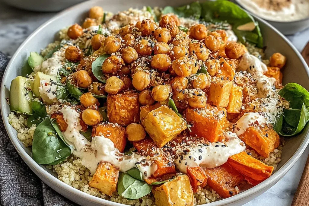 Anti-Inflammatory Glow Bowl with roasted sweet potatoes, quinoa, chickpeas, spinach, and tahini yogurt sauce.