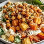 Anti-Inflammatory Glow Bowl with roasted sweet potatoes, quinoa, chickpeas, spinach, and tahini yogurt sauce.
