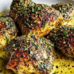 French Mustard Chicken thighs with a flavorful mustard and herb crust in a creamy sauce.