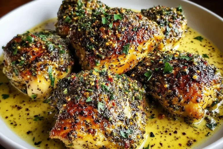 French Mustard Chicken thighs with a flavorful mustard and herb crust in a creamy sauce.