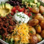 Loaded Potato Taco Bowl filled with crispy roasted potatoes, seasoned ground beef, cheese, avocado, cherry tomatoes, black beans, and sour cream.