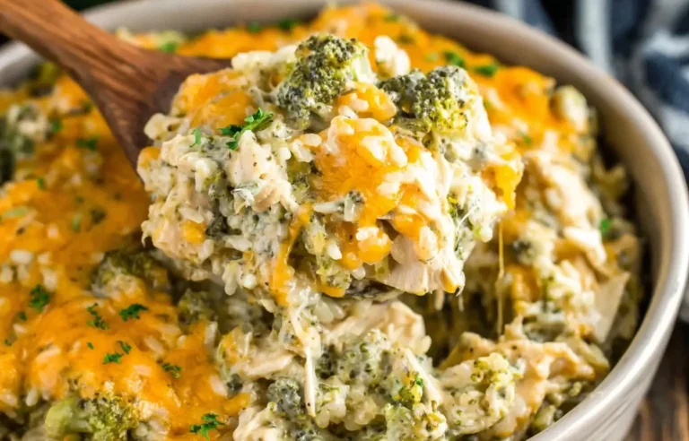 Crockpot Cheesy Chicken Broccoli Rice served with melted cheddar, tender chicken, and broccoli in a creamy slow-cooked casserole.