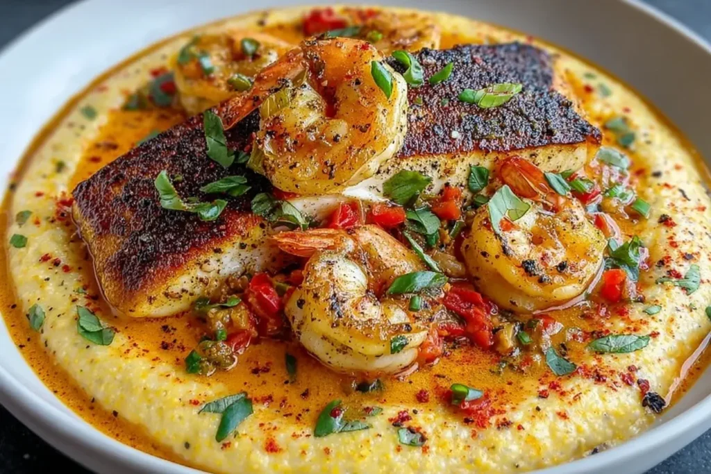 Red Snapper Shrimp Grits Cajun served with creamy Southern grits, seared snapper, Cajun shrimp, and rich sauce in a bowl.