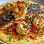 Red Snapper Shrimp Grits Cajun served with creamy Southern grits, seared snapper, Cajun shrimp, and rich sauce in a bowl.